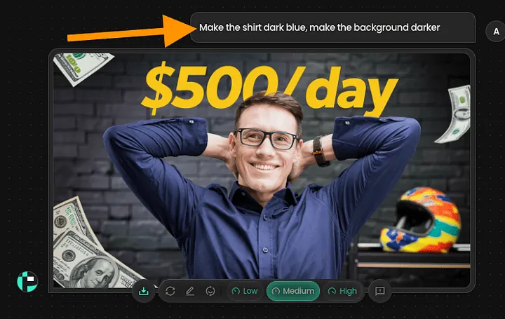 عالی! کم و بیش شبیه چیزیه که میخواستم. اما هنوز آماده نیست. حالا که نتایج رو دیدم، یه کارهایی هست که میخوام انجام بدم. برای تغییر طرح، فقط کافیه به چت کردن با پیکزلز ادامه بدید. برای مثال، از هوش مصنوعی خواستم پسزمینه رو تیرهتر کنه و پیراهن رو به آبی تغییر بده. نتیجه اینه: برای دیدن تصویر در اندازه کامل، اینتر رو بزنید یا کلیک کنید