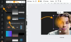 ۷. کمی درخشش اضافه کنید سپس با اضافه کردن درخششی در پشت تصویر، سلفی خود را برجسته کنید: از منوی سمت چپ، گزینه «عناصر» را انتخاب کنید. سپس «گرادیان» را جستجو کنید. «گرافیک» را انتخاب کنید. یک تصویر کروی مانند این انتخاب کنید: