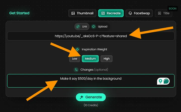 لینک را در Pikzels پیست کنید. فراموش نکنید که Inspiration Weight را تنظیم کنید. این به هوش مصنوعی میگوید که میخواهید تصویر کوچک جدید چقدر شبیه یا دور باشد. من استفاده از گزینه Medium را توصیه میکنم. به این ترتیب خیلی نزدیک نیست اما خیلی هم دور نیست.